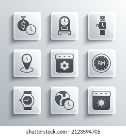Set World time, Calendar summer, Morning, spring, Wrist watch, Time zone clocks, money and  icon. Vector