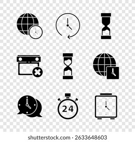Set World time, Clock, Old hourglass, speech bubble, Stopwatch 24 hours, Alarm clock, Calendar date delete and  icon. Vector