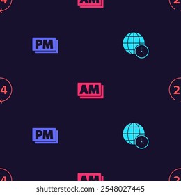 Set World time, Clock PM, AM and 24 hours on seamless pattern. Vector