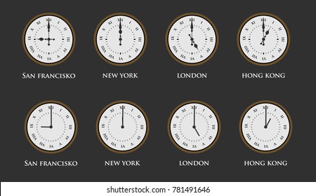 	
Set of world time zone clock with roman numerals. Vector illustration