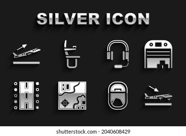 Set World travel map, Aircraft hangar, Plane landing, Airplane window, Airport runway, Headphones with microphone, takeoff and seat icon. Vector