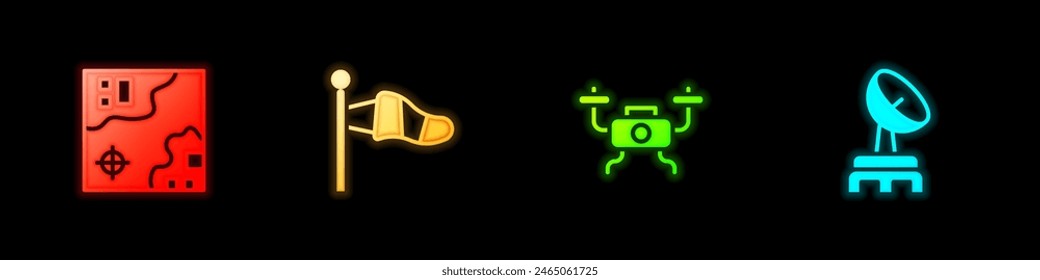 Set World travel map, Cone meteorology windsock, Drone flying and Radar icon. Vector