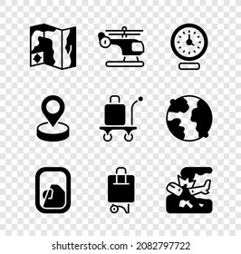 Set World travel map, Helicopter, Clock, Airplane window, Suitcase, Plane crash, Location and Trolley baggage icon. Vector