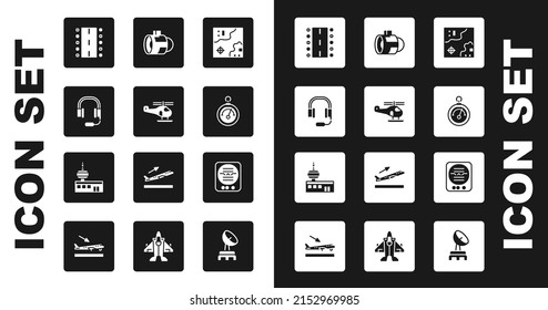 Set World travel map, Helicopter, Headphones with microphone, Airport runway, Barometer, Jet engine turbine, Attitude indicator and control tower icon. Vector