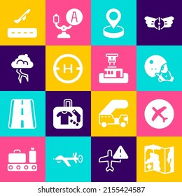 Set World travel map, Plane, Modern pilot helmet, Location, Helicopter landing pad, Storm, takeoff and Airport control tower icon. Vector