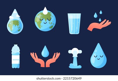 Set of world water day. Collection of graphic elements for website, stickers for social networks. Caring for climate and ecology. Cartoon flat vector illustrations isolated on blue background