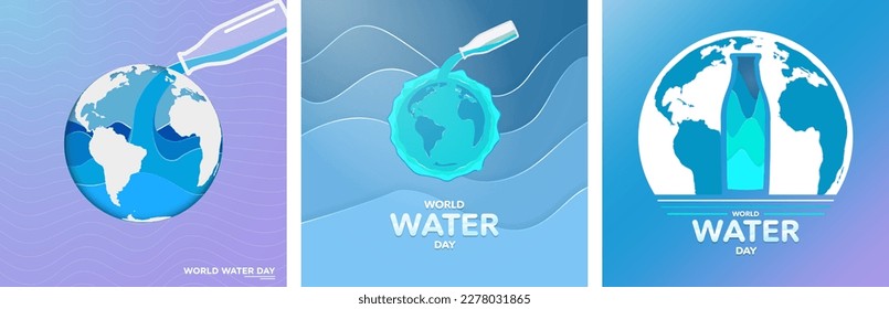 Set of World Water Day Greeting Posters. Paper Origami design style, ecology and safe drinking water from bottle. Outreached hand. Water drop. Safe and clean water. Vector Illustration. EPS 10.
