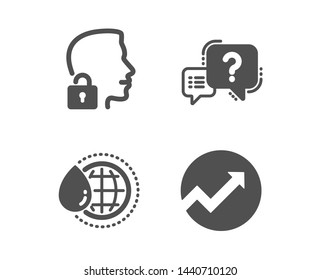 Set of World water, Unlock system and Question mark icons. Audit sign. Aqua drop, Access granted, Quiz chat. Arrow graph.  Classic design world water icon. Flat design. Vector
