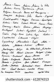Set the world written by hand. Lettering. Set of inscriptions of the country and the capital.