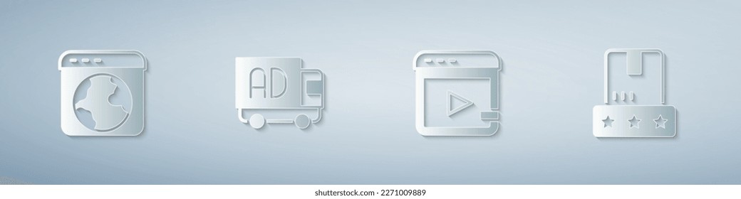 Set Worldwide, Advertising on truck, Video advertising and Consumer product rating. Paper art style. Vector