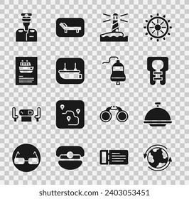 Set Worldwide, Covered with tray, Life jacket, Lighthouse, Lifeboat, Cruise ship, Captain of and Ship bell icon. Vector