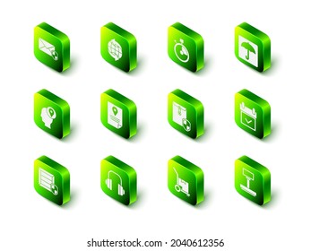 Set Worldwide, Fast time delivery, Umbrella, Calendar with check mark, Scale, Envelope shield, Hand truck and boxes and Headphones icon. Vector