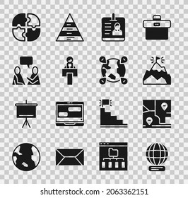 Set Worldwide, Folded map with location, Mountains flag, Identification badge, Stage stand tribune, Two sitting men talking, Piece of puzzle and Location the globe icon. Vector