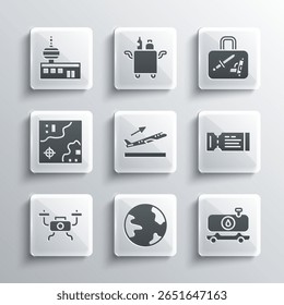 Set Worldwide, Fuel tanker truck, Airline ticket, Plane takeoff, Drone flying, travel map, Airport control tower and Suitcase icon. Vector