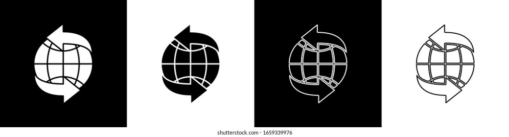 Establecer icono mundial aislado en fondo blanco y negro. Pin en el globo. Ilustración vectorial