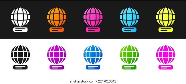 Set Worldwide icon isolated on black and white background. Pin on globe.  Vector