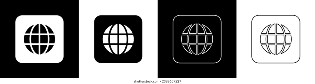 Set Worldwide icon isolated on black and white background. Pin on globe.  Vector