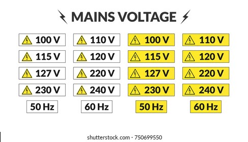 Set of worldwide mains voltage stickers. 50 and 60 hertz