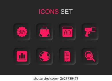 Set Worldwide, Paper shopping bag, Buy button, Financial check, Scanner scanning bar code, Magnifying glass, Advertising and Pie chart infographic icon. Vector