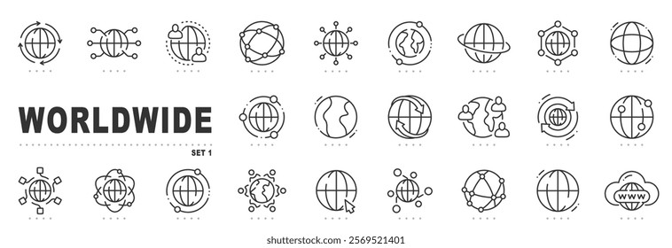 Set of worldwide related line icons. Globe, network, earth etc. Editable stroke.