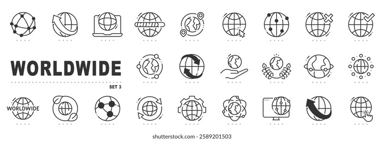 Set of worldwide related line icons. Globe, network, earth etc. Editable stroke. Set 3