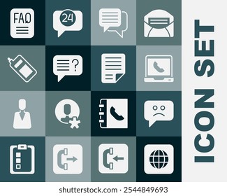 Set Worldwide, Sad smile, Telephone 24 hours support, Speech bubble chat, Unknown search, Mobile, FAQ information and File document icon. Vector