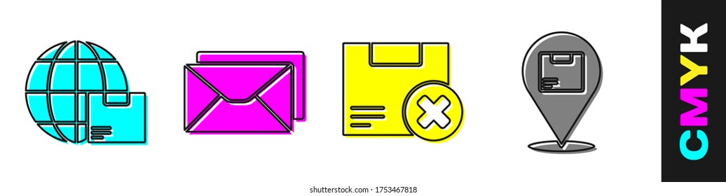 Set Worldwide shipping and box, Envelope, Carton cardboard box and delete and Location with cardboard box icon. Vector