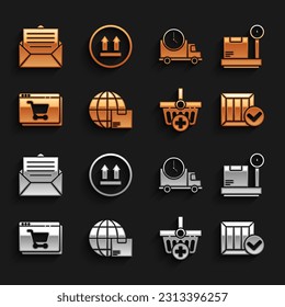 Set Worldwide shipping and box, Scale with cardboard, Wooden check mark, Add to Shopping basket, Online shopping on screen, Logistics delivery truck clock, Envelope and This side up icon. Vector