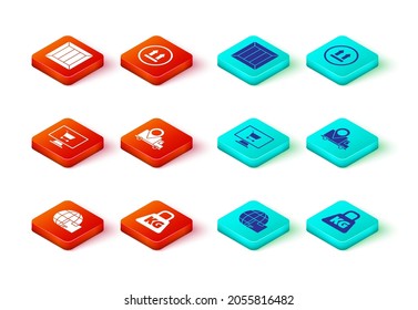 Set Worldwide shipping and box, Weight, Shopping cart on computer, Delivery tracking, This side up and Wooden icon. Vector