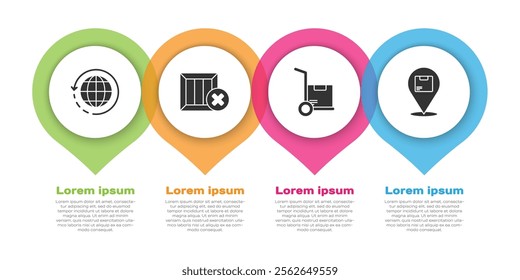 Set Worldwide shipping and box, Wooden box and delete, Hand truck and boxes and Location with cardboard box. Business infographic template. Vector