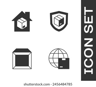 Set Worldwide shipping, Home delivery services, Carton cardboard box and Delivery security with shield icon. Vector