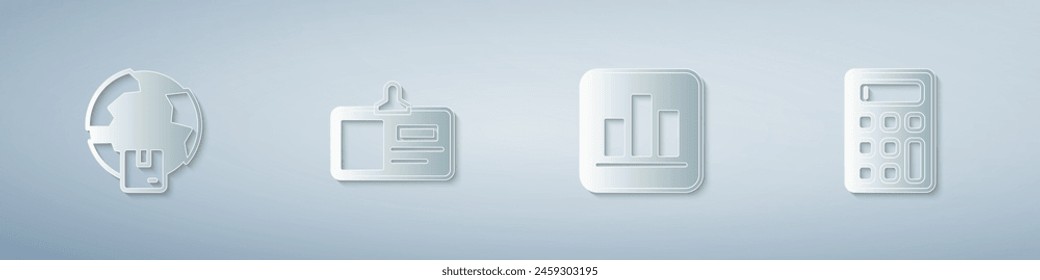 Set Worldwide shipping, Identification badge, Pie chart infographic and Calculator. Paper art style. Vector