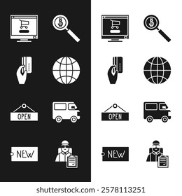 Set Worldwide, Shopping cart on computer, Magnifying glass dollar, Hanging sign Open, Delivery cargo truck vehicle, man cardboard boxes and Price tag text New icon. Vector