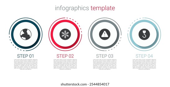 Set Worldwide, Snowflake, Exclamation mark in triangle and Industrial hook. Business infographic template. Vector