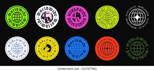 Set Of Worldwide Sticker Badges Vector Design. Cool Global Stickers Graphic.