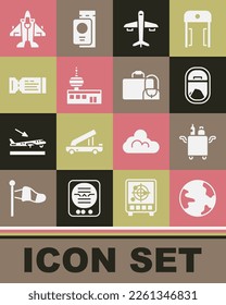 Set Worldwide, Trolley for food, Airplane window, Plane, Airport control tower, Airline ticket, Jet fighter and Suitcase icon. Vector