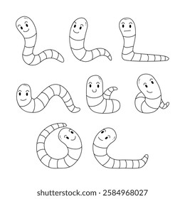 Set of worm doodle collection, flamingo outline coloring page book animals for kindergarten, Vector line art set of animals wildlife, Hand drawn, Minimal worm line art doodle in different pose