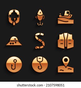 Set Worm, Fishing hook, Location fishing, jacket, Fisherman hat, boat water and Inflatable icon. Vector
