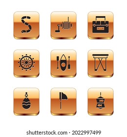Set Worm, Fishing spoon, net with fish, Kayak canoe, Ship steering wheel, Case container for wobbler,  and Spinning reel fishing icon. Vector