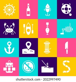 Set Worm, Knife, Spinning reel for fishing, Fishing lure, Kayak canoe, Crab, Ship steering wheel and spoon icon. Vector