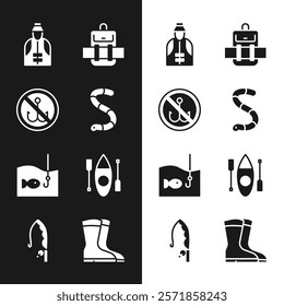 Set Worm, No fishing, Fisherman, Hiking backpack, Fishing hook with, Kayak canoe, boots and rod icon. Vector