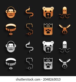 Set Worm, Octopus, Rabbit head, Bag of food, Collar with name tag, Bear, Monkey and Snake icon. Vector