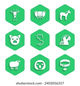 Set Worm, Owl bird, Collar with name tag, Macaw parrot, Sheep, Cat, Horse and Giraffe head icon. Vector