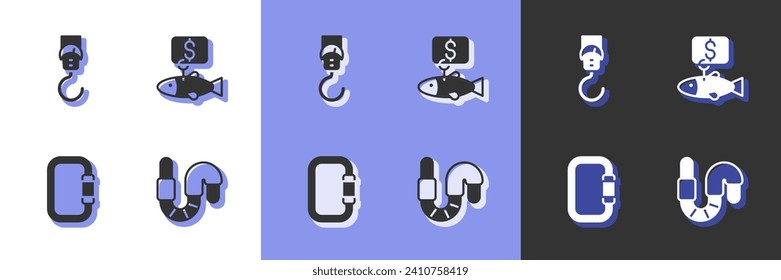 Set Worm, Spring scale, Carabiner and Price tag for fish icon. Vector