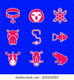 Set Worm, Wild boar head, Frog, Fish, Rhinoceros, Hippo Hippopotamus, Turtle and Collar with name tag icon. Vector