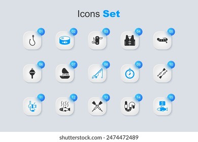 Set Worm, Yacht sailboat, Canned fish, Spinning reel for fishing, Price tag, Oars paddles, Fishing hook and rod icon. Vector