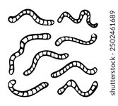 Set of worms hand drawn in doodle style. Animal earthworms. Ground insects wildlife. Vector line art illustration.