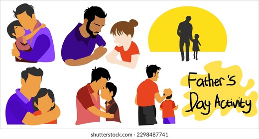 Set of worried dad calming down crying children. Parenthood care and childhood problems, kid supporting moment and emotional comforting help cartoon vector illustration