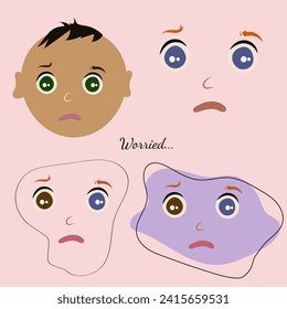 Set of worried emotion. Cartoon boy stressed. Purpol doodle face with different eye colors. Kawaii with blue eyes. Flat vector illustration
