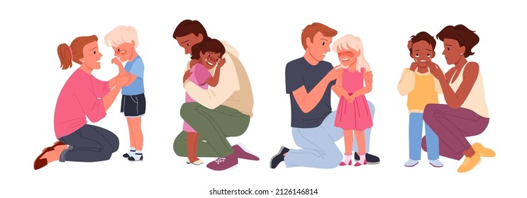 Set of worried parents calming down crying children. Parenthood care and childhood problems, kid supporting moment and emotional comforting help cartoon vector illustration